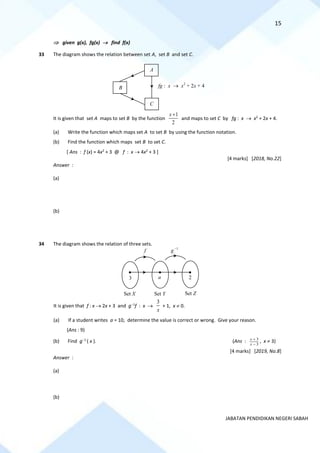 15
JABATAN PENDIDIKAN NEGERI SABAH
 given g(x), fg(x) → find f(x)
33 The diagram shows the relation between set A, set B and set C.
It is given that set A maps to set B by the function
2
1
+
x
and maps to set C by fg : x → x2
+ 2x + 4.
(a) Write the function which maps set A to set B by using the function notation.
(b) Find the function which maps set B to set C.
[ Ans : f (x) = 4x2
+ 3 @ f : x → 4x2
+ 3 ]
[4 marks] [2018, No.22]
Answer :
(a)
(b)
34 The diagram shows the relation of three sets.
It is given that f : x → 2x + 3 and g−1
f : x →
3
x
+ 1, x  0.
(a) If a student writes a = 10, determine the value is correct or wrong. Give your reason.
(Ans : 9)
(b) Find g−1
( x ). (Ans : 3
3
x
x
+
−
, x  3)
[4 marks] [2019, No.8]
Answer :
(a)
(b)
fg : x → x2
+ 2x + 4
A
B
C
f g−1
3 a 2
Set X Set Y Set Z
 