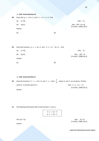 23
JABATAN PENDIDIKAN NEGERI SABAH
 find inverse function 1b
48 Given that g : x → 5x + 1 and h : x → x2
− x + 3. Find
(a) g−1
(3). (Ans : 5
2
)
(b) hg (x). (Ans : 25x2
+ 5x +3)
[4 marks] [2003, No.2]
Answer :
(a) (b)
49 Given the functions g : x → 5x + 2, and h : x → x2
− 4x + 3, , find
(a) g−1
(6), (Ans : 5
4
)
(b) hg (x), (Ans : 25x2
−1)
[4 marks] [2008, No.2]
Answer :
(a) (b)
 find inverse function 1c
50 Given the functions h−1
: x → 4x + m and h : x → 2kx +
8
5
, where m and k are constants, find the
value of m and the value of k. (Ans : k = 8
1
, m = 2
5
− )
[3 marks] [2004, No.2]
Answer :
51 The following information refer to the functions h and g.
h : x → 2x − 3
g : x → 4x − 1
Find g h−1
(x). (Ans : 2x + 5)
[3 marks] [2005, No.3]
Answer :
 