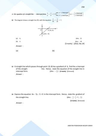 258
JABATAN PENDIDIKAN NEGERI SABAH
12 The diagram shows a straight line PQ with the equation 1
2
10
=
+
k
y
x
.
(a) h, (Ans : 2)
(b) k. (Ans : −4)
[3 marks] [2012, No.14]
Answer :
(a) (b)
13 A straight line which passes through point (0, 8) has a gradient of 6, find the x-intersept
of the straight line. Hence, state the equation of the straight line in
intercept form. (Ans : 3
4
− ) [3 marks] [Forecast]
Answer :
14 Express the equation 6x − 7y − 5 = 0 in the intercept form. Hence, state the gradient of
the straight line. (Ans : 1
7
5
6
5 =
−
y
x
, 7
6
)
[2 marks] [Forecast]
Answer :
 the equation of a straight line ~ intercept form, 1
x y
a b
+ =
a = x-intercept
b = y-intercept
-intercept
-intercept
y
m
x
 
= − 
 
y
x
P (5h, 0)
Q (0, −8)
O
 