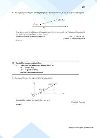265
JABATAN PENDIDIKAN NEGERI SABAH
30 The diagram shows the plan of a straight highway between two towns, P and Q on the Cartesian plane.
An engineer wants to build two rest houses between the two towns such that the two rest houses divide
the road into three equal parts of equal distance.
Find the coordinates of the two rest houses. [Ans : (1, 2.5), (6, 4) ]
[3 marks] [Clon textbook form 4]
Answer :
==========================================================================================================================================
7.2 Parallel lines and perpendicular lines
7.2.1 Make and verify conjectures about gradient of :
(i) parallel lines,
(ii) perpendicular lines
and hence, make generalisations.
==========================================================================================================================================
31 The diagram shows a line segment on a Cartesian plane.
Show that the gradient of a straight line, m = tanθ .
[2 marks] [Forecast]
Answer :
y
O
x
P (−4, 1)
Q (11, 5.5)
O
(x2, y2)
x
(x1, y1)
y

 