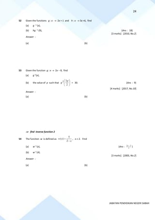 24
JABATAN PENDIDIKAN NEGERI SABAH
52 Given the functions g : x → 2x + 1 and h : x → 3x +6, find
(a) g −1
(x),
(b) hg −1
(9), (Ans : 18)
[3 marks] [2010, No.2]
Answer :
(a) (b)
53 Given the function g : x → 2x − 8, find
(a) g−1
(x),
(b) the value of p such that 





2
3
2 p
g = 30. (Ans : 9)
[4 marks] [2017, No.10]
Answer :
(a) (b)
 find inverse function 2
54 The function w is defined as
x
x
w
−
=
2
5
)
( , x  2. Find
(a) w−1
(x), (Ans : x
x 5
2 −
)
(b) w−1
(4).
[3 marks] [2005, No.2]
Answer :
(a) (b)
 