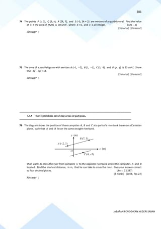 281
JABATAN PENDIDIKAN NEGERI SABAH
74 The points P (k, 3), Q (9, k), R (2k, 7), and S (−3, 3k + 2) are vertices of a quadrilateral. Find the value
of k if the area of PQRS is 30 unit2
, where k > 0, and k is an integer. (Ans : 2)
[3 marks] [Forecast]
Answer :
75 The area of a parallelogram with vertices A (−1, −2), B (1, −1), C (3, 4), and D (p, q) is 23 unit2
. Show
that 2q − 3p = 18.
[3 marks] [Forecast]
Answer :
==========================================================================================================================================
7.3.5 Solve problems involving areas of polygons.
==========================================================================================================================================
76 The diagram shows the position of three campsites A, B and C at a park of a riverbank drawn on a Cartesian
plane, such that A and B lie on the same straight riverbank.
Shah wants to cross the river from campsite C to the opposite riverbank where the campsites A and B
located. Find the shortest distance, in m, that he can take to cross the river. Give your answer correct
to four decimal places. (Ans : 7.1587)
[4 marks] [2018, No.23]
Answer :
O
C (4, −3)
B (7, 5)
A (−2, 3)
x (m)
y (m)
 