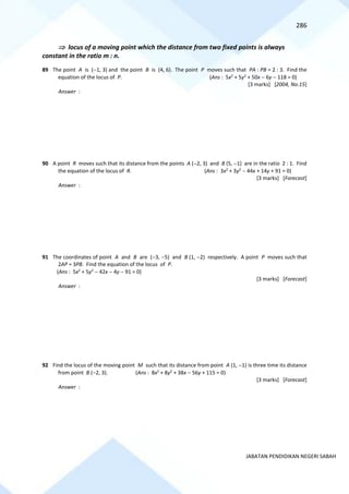 286
JABATAN PENDIDIKAN NEGERI SABAH
 locus of a moving point which the distance from two fixed points is always
constant in the ratio m : n.
89 The point A is (−1, 3) and the point B is (4, 6). The point P moves such that PA : PB = 2 : 3. Find the
equation of the locus of P. (Ans : 5x2
+ 5y2
+ 50x − 6y − 118 = 0)
[3 marks] [2004, No.15]
Answer :
90 A point R moves such that its distance from the points A (−2, 3) and B (5, −1) are in the ratio 2 : 1. Find
the equation of the locus of R. (Ans : 3x2
+ 3y2
− 44x + 14y + 91 = 0)
[3 marks] [Forecast]
Answer :
91 The coordinates of point A and B are (−3, −5) and B (1, −2) respectively. A point P moves such that
2AP = 3PB. Find the equation of the locus of P.
(Ans : 5x2
+ 5y2
− 42x − 4y − 91 = 0)
[3 marks] [Forecast]
Answer :
92 Find the locus of the moving point M such that its distance from point A (1, −1) is three time its distance
from point B (−2, 3). (Ans : 8x2
+ 8y2
+ 38x − 56y + 115 = 0)
[3 marks] [Forecast]
Answer :
 