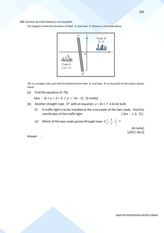 295
JABATAN PENDIDIKAN NEGERI SABAH
112 Solutions by scale drawing is not accepted.
The diagram shows the locations of town A and town B draw on a Cartesian plane.
PQ is a straight road such that the distance from town A and town B to any point on the road is always
equal.
(a) Find the equation of PQ.
(Ans : 3x + y + 3 = 0 / y = −3x − 3) [3 marks]
(b) Another straight road, ST with an equation y = 2x + 7 is to be built.
(i) A traffic light is to be installed at the crossroads of the two roads. Find the
coordinates of the traffic light. [ Ans : (−2, 3) ]
(ii) Which of the two roads passes through town C 





− 1
,
3
4
?
[4 marks]
[2017, No.5]
Answer :
x
Town B
(2, 1)
Town A
(−4, −1)
O
y
P
Q
 