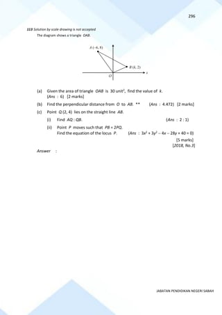 296
JABATAN PENDIDIKAN NEGERI SABAH
113 Solution by scale drawing is not accepted
The diagram shows a triangle OAB.
(a) Given the area of triangle OAB is 30 unit2, find the value of k.
(Ans : 6) [2 marks]
(b) Find the perpendicular distance from O to AB. ** (Ans : 4.472) [2 marks]
(c) Point Q (2, 4) lies on the straight line AB.
(i) Find AQ : QB. (Ans : 2 : 1)
(ii) Point P moves such that PB = 2PQ.
Find the equation of the locus P. (Ans : 3x2 + 3y2 − 4x − 28y + 40 = 0)
[5 marks]
[2018, No.3]
Answer :
x
A (−6, 8)
B (k, 2)
O
 