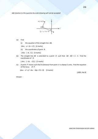 298
JABATAN PENDIDIKAN NEGERI SABAH
115 Solution to this question by scale drawing will not be accepted
(a) Find
(i) the equation of the straight line AB,
(Ans : y = 2x + 17) [2 marks]
(ii) the coordinates of point B.
[ Ans : (−8, 1) ] [3 marks]
(b) The straight line AB is extended to a point D such that AB : BD = 2 : 3. Find the
coordinates of D.
[ Ans : (−14, −11) ] [2 marks]
(c) A point P moves such that its distance from point A is always 5 units. Find the equation
of the locus of P.
(Ans : x2
+ y2
+ 8x − 18y + 72 = 0) [3 marks]
[2005, No.9]
Answer :
B
2y + x + 6 = 0
x
y
O
A (−4, 9)
 