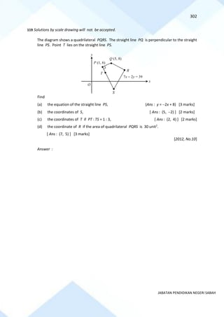 302
JABATAN PENDIDIKAN NEGERI SABAH
119 Solutions by scale drawing will not be accepted.
The diagram shows a quadrilateral PQRS. The straight line PQ is perpendicular to the straight
line PS. Point T lies on the straight line PS.
Find
(a) the equation of the straight line PS, (Ans : y = −2x + 8) [3 marks]
(b) the coordinates of S, [ Ans : (5, −2) ] [2 marks]
(c) the coordinates of T if PT : TS = 1 : 3, [ Ans : (2, 4) ] [2 marks]
(d) the coordinate of R if the area of quadrilateral PQRS is 30 unit2
.
[ Ans : (7, 5) ] [3 marks]
[2012, No.10]
Answer :
R
7x − 2y = 39
S
T
O
Q (5, 8)
P (1, 6)
y
x
 