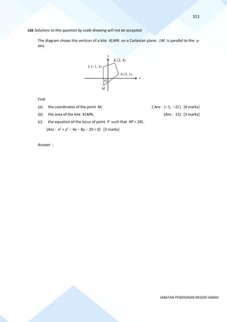 311
JABATAN PENDIDIKAN NEGERI SABAH
128 Solutions to this question by scale drawing will not be accepted.
The diagram shows the vertices of a kite KLMN on a Cartesian plane. LM is parallel to the y-
axis.
Find
(a) the coordinates of the point M, [ Ans : (−1, −2) ] [4 marks]
(b) the area of the kite KLMN, (Ans : 15) [3 marks]
(c) the equation of the locus of point P such that KP = 2KL.
(Ans : x2
+ y2
− 4x − 8y − 20 = 0) [3 marks]
Answer :
K (2, 4)
N (3, 1)
O
M
L (−1, 3)
x
y
 