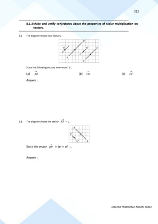 322
JABATAN PENDIDIKAN NEGERI SABAH
==========================================================================================================================================
8.1.3Make and verify conjectures about the properties of scalar multiplication on
vectors.
==========================================================================================================================================
11 The diagram shows four vectors.
State the following vectors in terms of a .
(a) AB
→
(b) CD
→
(c) EF
→
Answer :
12 The diagram shows the vector SR
→
=
~
z .
State the vector QP
→
in term of
~
z .
Answer :
B
A
a
C
D E
F
R
S
P
Q
 