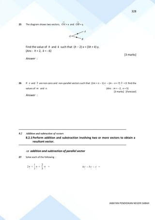 328
JABATAN PENDIDIKAN NEGERI SABAH
25 The diagram shows two vectors,
→
OA = x and
→
OB = y.
Find the value of h and k such that (h − 2) x = (3h + k) y.
(Ans : h = 2, k = −6)
[3 marks]
Answer :
26 If
~
a and
~
b are non-zero and non-parallel vectors such that (2m + n − 1)
~
a − (m − n + 7)
~
b = 0 find the
values of m and n. (Ans : m = −2, n = 5)
[3 marks] [Forecast]
Answer :
==========================================================================================================================================
8.2 Addition and subtraction of vectors
8.2.1Perform addition and substraction involving two or more vectors to obtain a
resultant vector.
==========================================================================================================================================
 addition and subtraction of parallel vector
27 Solve each of the following :
(a) 2
~
u +
3
1
~
u +
3
2
~
u = (b) 8
~
c − 5
~
c −
~
c =
A
O
B
 