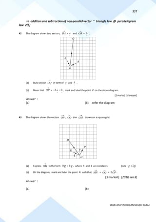 337
JABATAN PENDIDIKAN NEGERI SABAH
 addition and subtraction of non-parallel vector ~ triangle law @ parallelogram
law 2(b)
42 The diagram shows two vectors, OA
→
=
~
a and OB
→
=
~
b .
(a) State vector
→
OQ in term of
~
a and
~
b .
(b) Given that
→
OP =
~
~
2 b
a +
− , mark and label the point P on the above diagram.
[2 marks] [Forecast]
Answer :
(a) (b) refer the diagram
43 The diagram shows the vectors OP
→
, OQ
→
dan OM
→
drawn on a square grid.
(a) Express OM
→
in the form p
h + q
k , where h and k are constants. (Ans : p + q
2 )
(b) On the diagram, mark and label the point N such that MN
→
+ OQ
→
= 2 OP
→
.
[3 markah] [2018, No.8]
Answer :
(a) (b)
O
B
A
Q
O
M
Q
P
p
q
 