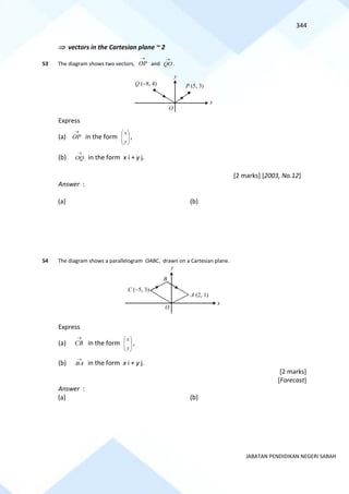 344
JABATAN PENDIDIKAN NEGERI SABAH
 vectors in the Cartesian plane ~ 2
53 The diagram shows two vectors,
→
OP and
→
QO .
Express
(a)
→
OP in the form 







y
x
,
(b)
→
OQ in the form x i + y j.
[2 marks] [2003, No.12]
Answer :
(a) (b)
54 The diagram shows a parallelogram OABC, drawn on a Cartesian plane.
Express
(a)
→
CB in the form 







y
x
,
(b)
→
BA in the form x i + y j.
[2 marks]
[Forecast]
Answer :
(a) (b)
O
y
x
Q (−8, 4) P (5, 3)
B
x
y
O
C (−5, 3)
A (2, 1)
 