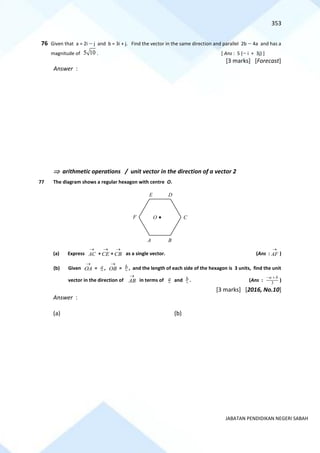 353
JABATAN PENDIDIKAN NEGERI SABAH
76 Given that a = 2i − j and b = 3i + j. Find the vector in the same direction and parallel 2b − 4a and has a
magnitude of 5 10 . [ Ans : 5 (− i + 3j) ]
[3 marks] [Forecast]
Answer :
 arithmetic operations / unit vector in the direction of a vector 2
77 The diagram shows a regular hexagon with centre O.
(a) Express AC
→
+ CE
→
+ CB
→
as a single vector. (Ans : AF
→
)
(b) Given OA
→
= a , OB
→
= b , and the length of each side of the hexagon is 3 units, find the unit
vector in the direction of AB
→
in terms of a and b . (Ans : 3
b
a +
−
)
[3 marks] [2016, No.10]
Answer :
(a) (b)
A B
C
D
E
F O
 