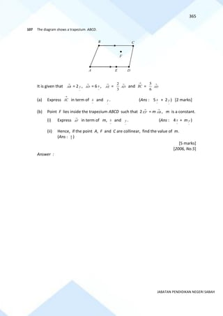 365
JABATAN PENDIDIKAN NEGERI SABAH
107 The diagram shows a trapezium ABCD.
It is given that
→
AB = 2
~
y ,
→
AD = 6
~
x ,
→
AE =
3
2 →
AD and
→
BC =
6
5 →
AD
(a) Express
→
AC in term of
~
x and
~
y . (Ans : 5
~
x + 2
~
y ) [2 marks]
(b) Point F lies inside the trapezium ABCD such that 2
→
EF = m
→
AB , m is a constant.
(i) Express
→
AF in term of m,
~
x and
~
y . (Ans : 4
~
x + m
~
y )
(ii) Hence, if the point A, F and C are collinear, find the value of m.
(Ans : 5
8 )
[5 marks]
[2006, No.5]
Answer :
F
E
B C
D
A
 