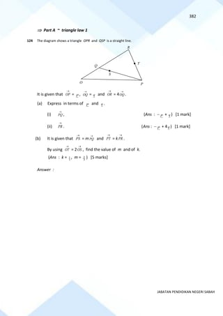 382
JABATAN PENDIDIKAN NEGERI SABAH
 Part A ~ triangle law 1
124 The diagram shows a triangle OPR and QSP is a straight line.
It is given that
→
OP = p ,
→
OQ = q and
→
OR = 4
→
OQ .
(a) Express in terms of p and q .
(i)
→
PQ , (Ans : − p + q ) [1 mark]
(ii)
→
PR . (Ans : − p + 4q ) [1 mark]
(b) It is given that
→
PS = m
→
PQ and
→
PT = k
→
PR .
By using
→
OT = 2
→
OS , find the value of m and of k.
(Ans : k = 3
1 , m = 3
2 ) [5 marks]
Answer :
R
Q
P
S
T
O
 