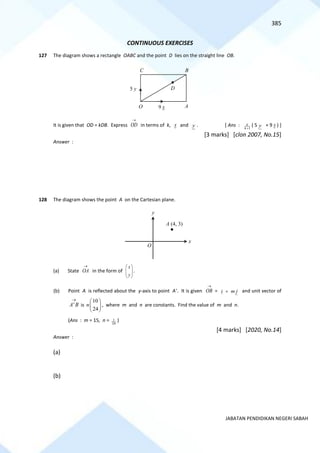 385
JABATAN PENDIDIKAN NEGERI SABAH
CONTINUOUS EXERCISES
127 The diagram shows a rectangle OABC and the point D lies on the straight line OB.
It is given that OD = kDB. Express
→
OD in terms of k, x and y . [ Ans : 1
k
k+
( 5 y + 9 x ) ]
[3 marks] [clon 2007, No.15]
Answer :
128 The diagram shows the point A on the Cartesian plane.
(a) State OA
→
in the form of
x
y
 
 
 
.
(b) Point A is reflected about the y-axis to point A. It is given OB
→
= i m j
+ and unit vector of
'
A B
→
is
10
24
n
 
 
 
, where m and n are constants. Find the value of m and n.
(Ans : m = 15, n = 1
26
)
[4 marks] [2020, No.14]
Answer :
(a)
(b)
O A
B
D
C
9 x
5 y
y
x
O
A (4, 3)
 