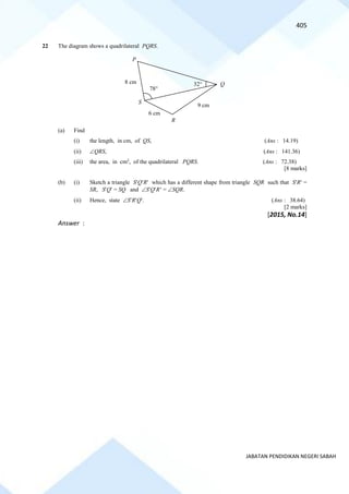 405
JABATAN PENDIDIKAN NEGERI SABAH
22 The diagram shows a quadrilateral PQRS.
(a) Find
(i) the length, in cm, of QS, (Ans : 14.19)
(ii) QRS, (Ans : 141.36)
(iii) the area, in cm2
, of the quadrilateral PQRS. (Ans : 72.38)
[8 marks]
(b) (i) Sketch a triangle SQR which has a different shape from triangle SQR such that SR =
SR, SQ = SQ and SQR = SQR.
(ii) Hence, state SRQ. (Ans : 38.64)
[2 marks]
[2015, No.14]
Answer :
P
8 cm
78
32 Q
9 cm
6 cm
R
S
 
