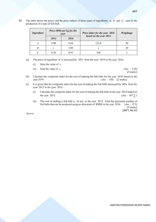447
JABATAN PENDIDIKAN NEGERI SABAH
15 The table shows the prices and the price indices of three types of ingredients A, B and C, used in the
production of a type of fish ball.
Ingredinet
Price (RM) per kg for the
year Price index for the year 2016
based on the year 2014
Weightage
2014 2016
A 5.00 6.64 132.8 50
B y 3.00 x 20
C 0.50 0.95 190 1
(a) The price of ingredinet B is increased by 20% from the year 2014 to the year 2016.
(i) State the value of x.
(ii) Find the value of y. (Ans : 2.50)
[3 marks]
(b) Calculate the composite index for the cost of making the fish balls for the year 2016 based on the
year 2014. (Ans : 130) [2 marks]
(c) It is given that the composite index for the cost of making the fish balls increased by 40% from the
year 2012 to the year 2016.
(i) Calculate the composite index for the cost of making the fish balls in the year 2014 baded on
the year 2012. (Ans : 107 13
9 )
(ii) The cost of making a fish ball is 10 sen in the year 2012. Find the maximum number of
fish balls that can be produced using an allocation of RM80 in the year 2016. (Ans : 571)
[5 marks]
[2017, No.13]
Answer :
 