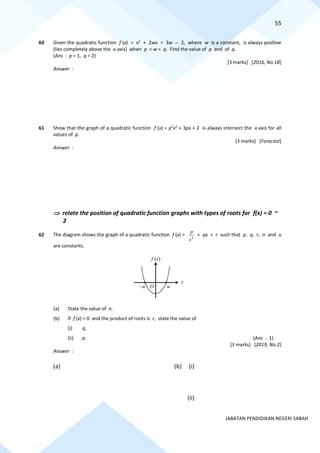 55
JABATAN PENDIDIKAN NEGERI SABAH
60 Given the quadratic function f (x) = x2
+ 2wx + 3w − 2, where w is a constant, is always positive
(lies completely above the x-axis) when p < w < q. Find the value of p and of q.
(Ans : p = 1, q = 2)
[3 marks] [2016, No.18]
Answer :
61 Show that the graph of a quadratic function f (x) = p2
x2
+ 3px + 2 is always intersect the x-axis for all
values of p.
[3 marks] [Forecast]
Answer :
 relate the position of quadratic function graphs with types of roots for f(x) = 0 ~
2
62 The diagram shows the graph of a quadratic function f (x) = n
p
x
+ qx + r such that p, q, r, n and u
are constants.
(a) State the value of n.
(b) If f (x) = 0 and the product of roots is r, state the value of
(i) q,
(ii) p. (Ans : 1)
[3 marks] [2019, No.2]
Answer :
(a) (b) (i)
(ii)
u
O
f (x)
x
−u
 