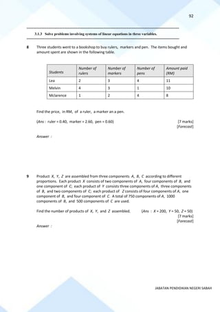 92
JABATAN PENDIDIKAN NEGERI SABAH
==========================================================================================================================================
3.1.3 Solve problems involving systems of linear equations in three variables.
==========================================================================================================================================
8 Three students went to a bookshop to buy rulers, markers and pen. The items bought and
amount spent are shown in the following table.
Students
Number of
rulers
Number of
markers
Number of
pens
Amount paid
(RM)
Lea 2 3 4 11
Melvin 4 3 1 10
Mclarence 1 2 4 8
Find the price, in RM, of a ruler, a marker an a pen.
(Ans : ruler = 0.40, marker = 2.60, pen = 0.60) [7 marks]
[Forecast]
Answer :
9 Product X, Y, Z are assembled from three components A, B, C according to different
proportions. Each product X consists of two components of A, four components of B, and
one component of C; each product of Y consists three components of A, three components
of B, and two components of C; each product of Z consists of four components of A, one
component of B, and four component of C. A total of 750 components of A, 1000
components of B, and 500 components of C are used.
Find the number of products of X, Y, and Z assembled. (Ans : X = 200, Y = 50, Z = 50)
[7 marks]
[Forecast]
Answer :
 
