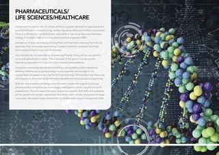 Pharmaceuticals/
Life Sciences/Healthcare
Companies focused on the US market will have a greater demand for specialised and
qualified skill sets in manufacturing, quality, regulatory affairs and intellectual property.
There is a demand for candidates with niche skills in new drug discovery, discovery
biology, formulation R&D and active pharmaceutical ingredient R&D.
Companies in India are looking at hiring PhDs and Post Docs returning from the US,
especially from universities specialising in organic chemistry, analytical chemistry,
pharmaceutical technology and life sciences.
Job numbers are not expected to increase significantly. Hiring will be very specific,
niche and specialised in nature. This is because of the sector moving towards
optimising operations by hiring the best in industry and academia.
Companies are bracing themselves by building a strong talent pipeline. Succession
planning initiatives are on-going at large firms to maximise and leverage on US
opportunities. Increased scrutiny by the US Food and Drug Administration has made a lot
of companies in the sector relook their talent development and acquisition programmes.
With the recent events unfolding in the domestic market with regards to pricing,
pharmaceutical companies are increasingly challenged to match margins and profit
expectations. This will impact the talent acquisition pipeline. Soft skills and scalability
will be viewed with greater importance. Mobilising talent will be a focus area for large
companies. We expect larger demand for candidates with project management skills.
50
 