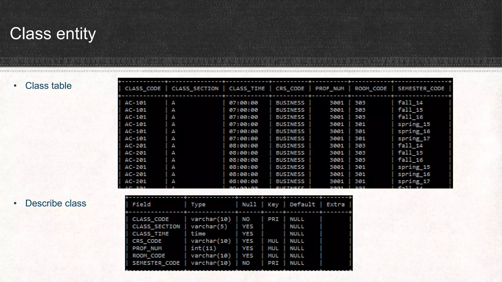 Class entity
• Class table
• Describe class
 