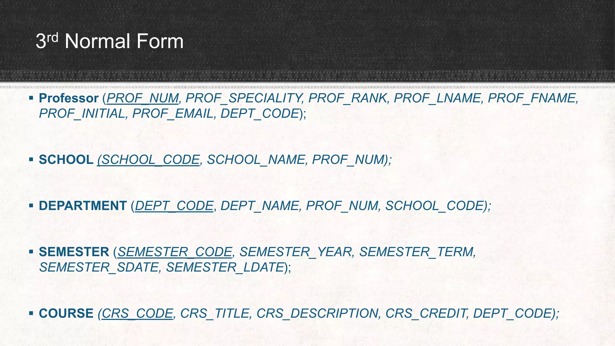 3rd Normal Form
 Professor (PROF_NUM, PROF_SPECIALITY, PROF_RANK, PROF_LNAME, PROF_FNAME,
PROF_INITIAL, PROF_EMAIL, DEPT_CODE);
 SCHOOL (SCHOOL_CODE, SCHOOL_NAME, PROF_NUM);
 DEPARTMENT (DEPT_CODE, DEPT_NAME, PROF_NUM, SCHOOL_CODE);
 SEMESTER (SEMESTER_CODE, SEMESTER_YEAR, SEMESTER_TERM,
SEMESTER_SDATE, SEMESTER_LDATE);
 COURSE (CRS_CODE, CRS_TITLE, CRS_DESCRIPTION, CRS_CREDIT, DEPT_CODE);
 