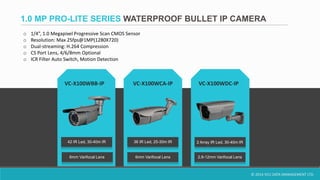 © 2014 VCU DATA MANAGEMENT LTD.
1.0 MP PRO-LITE SERIES WATERPROOF BULLET IP CAMERA
o 1/4”, 1.0 Megapixel Progressive Scan CMOS Sensor
o Resolution: Max 25fps@1MP(1280X720)
o Dual-streaming: H.264 Compression
o CS Port Lens, 4/6/8mm Optional
o ICR Filter Auto Switch, Motion Detection
VC-X100WBB-IP VC-X100WDC-IPVC-X100WCA-IP
6mm Varifocal Lens
42 IR Led, 30-40m IR 36 IR Led, 25-30m IR
2.8-12mm Varifocal Lens
2 Array IR Led, 30-40m IR
6mm Varifocal Lens
 