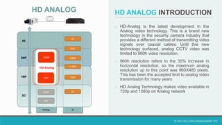 © 2014 VCU DATA MANAGEMENT LTD.
o HD-Analog is the latest development in the
Analog video technology. This is a brand new
technology in the security camera industry that
provides a different method of transmitting video
signals over coaxial cables. Until this new
technology surfaced, analog CCTV video was
limited to 960h video resolution.
o 960h resolution refers to the 30% increase in
horizontal resolution, so the maximum analog
resolution up to this point was 960X480 pixels.
This has been the accepted limit to analog video
transmission for many years
o HD Analog Technology makes video available in
720p and 1080p on Analog network
HD ANALOG INTRODUCTION
4K
5MP
1080P
1.3MP
720P
SD960H
4CIF
Analog IP
SD
1MP
2MP
4K
1080P
720P
HD-Analog
HD ANALOG
 