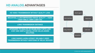 © 2014 VCU DATA MANAGEMENT LTD.
HD ANALOG ADVANTAGES
Multi-signal
Real-time
Low-cost
Reliability
Long- distance
Anti-interface
HD VIDEO TRANSMISSION WITHOUT QUALITY LOSS
MEGAPIXEL & UNCOMPRESSED IMAGE QUALITY —1920H
(1920×1080) & 1280H (1280×720)
UPGRADED TO ANALOG HD SEAMLESSLY WITH LOW-
COST AND SIMPLE INSTALLATION VALUE-ADDED
SOLUTION.
LONG TRANSMISSION DISTANCE
LONG RANGE & NON-LATENCY RELIABLE VIDEO
TRANSMISSION WITHOUT ADDITIONS OF RELAY DEVICES
 
