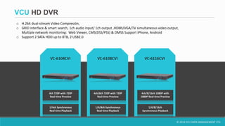 © 2014 VCU DATA MANAGEMENT LTD.
VCU HD DVR
o H.264 dual-stream Video Compresión,
o GRID interface & smart search, 1ch audio input/ 1ch output ,HDMI/VGA/TV simultaneous video output,
Multiple network monitoring: Web Viewer, CMS(DSS/PSS) & DMSS Support iPhone, Android
o Support 2 SATA HDD up to 8TB, 2 USB2.0
VC-6104CVI VC-6116CVIVC-6108CVI
4ch 720P with 720P
Real-time Preview
1/4ch Synchronous
Real-time Playback
4ch/8ch 720P with 720P
Real-time Preview
1/4/8ch Synchronous
Real-time Playback
4ch/8/16ch 1080P with
1080P Real-time Preview
1/4/8/16ch
Synchronous Playback
 