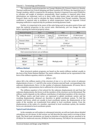Tutorial 1 – Terminology and Notations
Structural Analysis and Design using STAAD.Pro 3
The commonly required properties are Young’s Modulus (E), Poisson’s Ratio (ߥ), Density,
Thermal coefficient (α), Critical damping and Shear modulus (G). Of these, the important one is
Young’s modulus, which is required for all analyses. Density is required if you want STAAD.Pro
to calculate self weight of members automatically. Shear modulus is required when shear
deformations are important, such as in shear walls, deep beams, plate and solid elements.
Poisson’s Ratio can be used to calculate the Shear modulus from Young’s modulus. Thermal
coefficient is required only in problems in which temperature loads are imposed. Critical
damping coefficient is required only for problems involving dynamic loads.
Further, it is important to be aware of the units being used at any given point of time and
input the material properties in the correct units. Alternatively, you can change the units
before inputting the material property values.
Material Property Steel Concrete M20 M30
1 Young’s Modulus 2 × 10ହ
N/mm2
(2 × 10଼
kN/m2)
5000ඥ݂௖௞
N/mm2
22,360 N/mm2
(2.236x107 kN/m2)
27,386 N/mm2
(2.7386x107 kN/m2)
2 Poisson’s Ratio 0.2 0.3
3 Density 78.5 kN/m3
(78.5x10-6 N/mm3)
25 kN/m3
(25x10–6 N/mm3)
4 Damping Ratio 2 % 5%
Unit conversion factors are as follows:
To Convert From To By
N/mm2 kN/m2 103
kN/m3 N/mm3 Multiply with 10ି଺
N/m3 N/mm3 10ିଽ
Stiffness Method
Most structural analysis programs are based on the matrix stiffness method, usually in
the form of the Finite Element Method. The matrix stiffness method can be represented in the
form of the stiffness equation, which is as follows:
ሾ‫ܭ‬ሿሼ‫ݔ‬ሽ = ሼܲሽ
where [K] is the stiffness matrix of the structure of size ݊ × ݊, {x} is the vector of unknown
displacements of size ݊ × 1 and {P} is the vector of known external loads corresponding to the
unknown displacements. Here, n is the number of unknown displacements. Of course, this is
only a simplistic representation, but is sufficient for a first introduction.
The stiffness equation is first solverd for the unknown displacements {x} and from the
unknown displacements, the forces in all the members of the structure can be determined. The
stiffness matrix depends on the stiffness contribution of individual members of the structure.
The stiffness matrix and load vector are expressed in global coordinate system and the
resulting displacements obtained are therefore in global coordinate system. To find the
member end forces, which are usually in local coordinate system, the displacements at the
nodes of the member are transformed from global to local coordinate system. From the
displacements at the nodes of a member, expressed in local coordinate system, the member
forces are calculated in local coordinate system.
Typical Load Calculations
In the examples we will analyse in subsequent tutorials, we will use loads whose detailed
calculations are not shown. In this section, we will describe the steps used in arriving at those
loads. The Dead Load calculations are based on densities of materials and are assumed to be
25 kN/m3 for reinforced concrete, 20 kN/m3 for brick masonry, 78.5 kN/m3 for structural steel,
 