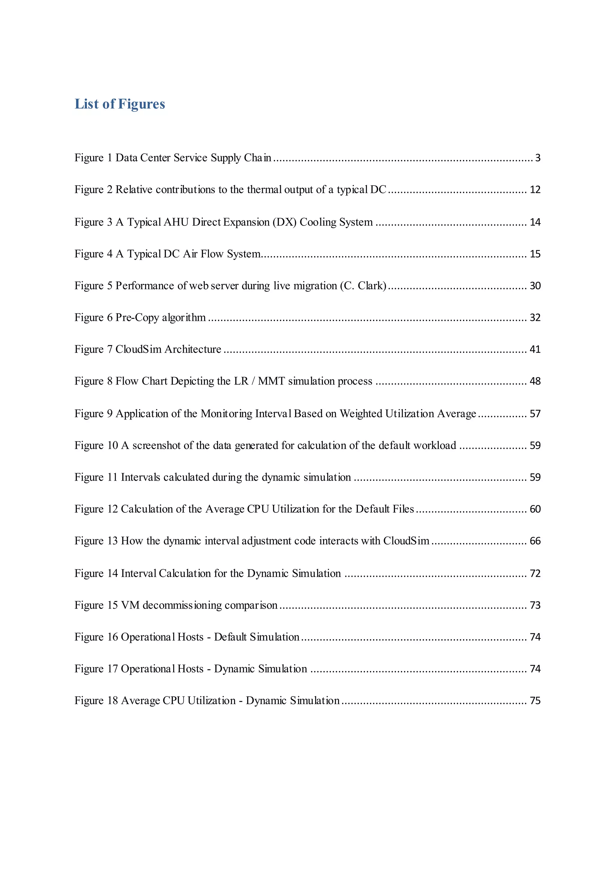 List of Figures
Figure 1 Data Center Service Supply Chain.................................................................................... 3
Figure 2 Relative contributions to the thermal output of a typical DC............................................. 12
Figure 3 A Typical AHU Direct Expansion (DX) Cooling System ................................................. 14
Figure 4 A Typical DC Air Flow System...................................................................................... 15
Figure 5 Performance of web server during live migration (C. Clark)............................................. 30
Figure 6 Pre-Copy algorithm ....................................................................................................... 32
Figure 7 CloudSim Architecture .................................................................................................. 41
Figure 8 Flow Chart Depicting the LR / MMT simulation process ................................................. 48
Figure 9 Application of the Monitoring Interval Based on Weighted Utilization Average................ 57
Figure 10 A screenshot of the data generated for calculation of the default workload ...................... 59
Figure 11 Intervals calculated during the dynamic simulation ........................................................ 59
Figure 12 Calculation of the Average CPU Utilization for the Default Files.................................... 60
Figure 13 How the dynamic interval adjustment code interacts with CloudSim............................... 66
Figure 14 Interval Calculation for the Dynamic Simulation ........................................................... 72
Figure 15 VM decommissioning comparison................................................................................ 73
Figure 16 Operational Hosts - Default Simulation......................................................................... 74
Figure 17 Operational Hosts - Dynamic Simulation ...................................................................... 74
Figure 18 Average CPU Utilization - Dynamic Simulation............................................................ 75
 