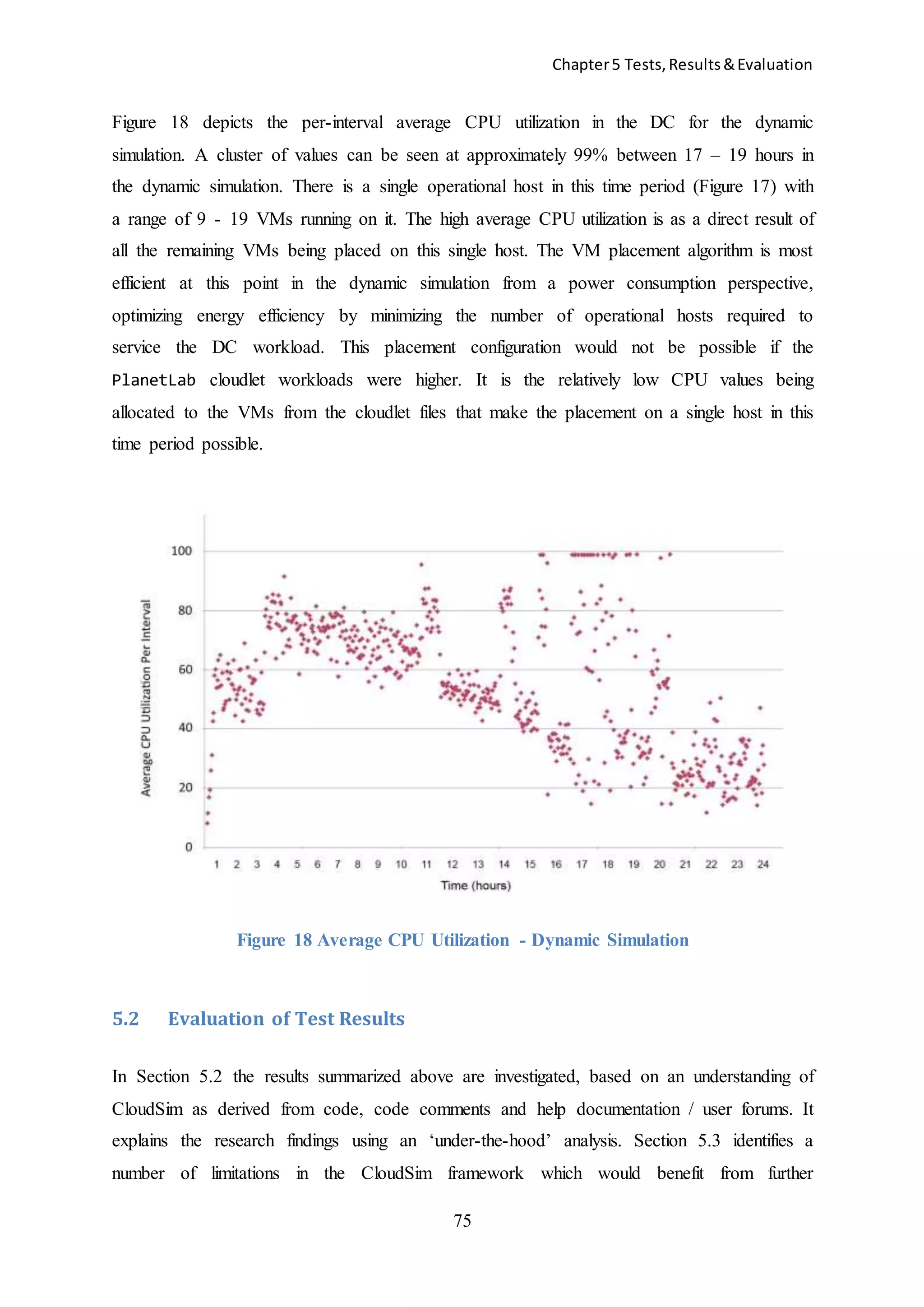 Chapter5 Tests,Results&Evaluation
75
Figure 18 depicts the per-interval average CPU utilization in the DC for the dynamic
simulation. A cluster of values can be seen at approximately 99% between 17 – 19 hours in
the dynamic simulation. There is a single operational host in this time period (Figure 17) with
a range of 9 - 19 VMs running on it. The high average CPU utilization is as a direct result of
all the remaining VMs being placed on this single host. The VM placement algorithm is most
efficient at this point in the dynamic simulation from a power consumption perspective,
optimizing energy efficiency by minimizing the number of operational hosts required to
service the DC workload. This placement configuration would not be possible if the
PlanetLab cloudlet workloads were higher. It is the relatively low CPU values being
allocated to the VMs from the cloudlet files that make the placement on a single host in this
time period possible.
Figure 18 Average CPU Utilization - Dynamic Simulation
5.2 Evaluation of Test Results
In Section 5.2 the results summarized above are investigated, based on an understanding of
CloudSim as derived from code, code comments and help documentation / user forums. It
explains the research findings using an ‘under-the-hood’ analysis. Section 5.3 identifies a
number of limitations in the CloudSim framework which would benefit from further
 