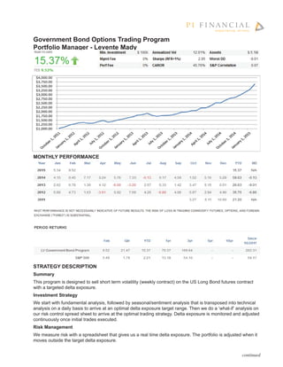 continued
Government Bond Options Trading Program
Portfolio Manager - Levente Mady
MONTHLY PERFORMANCE
STRATEGY DESCRIPTION
Summary
This program is designed to sell short term volatility (weekly contract) on the US Long Bond futures contract
with a targeted delta exposure.
Investment Strategy
We start with fundamental analysis, followed by seasonal/sentiment analysis that is transposed into technical
analysis on a daily basis to arrive at an optimal delta exposure target range. Then we do a ‘what-if’ analysis on
our risk control spread sheet to arrive at the optimal trading strategy. Delta exposure is monitored and adjusted
continuously once initial trades executed.
Risk Management
We measure risk with a spreadsheet that gives us a real time delta exposure. The portfolio is adjusted when it
moves outside the target delta exposure.
 