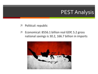 PEST Analysis
 Political: republic
 Economical: 8556.1 billion real GDP, 5.2 gross
national savings is 30.2, 166.7 billion in imports
 