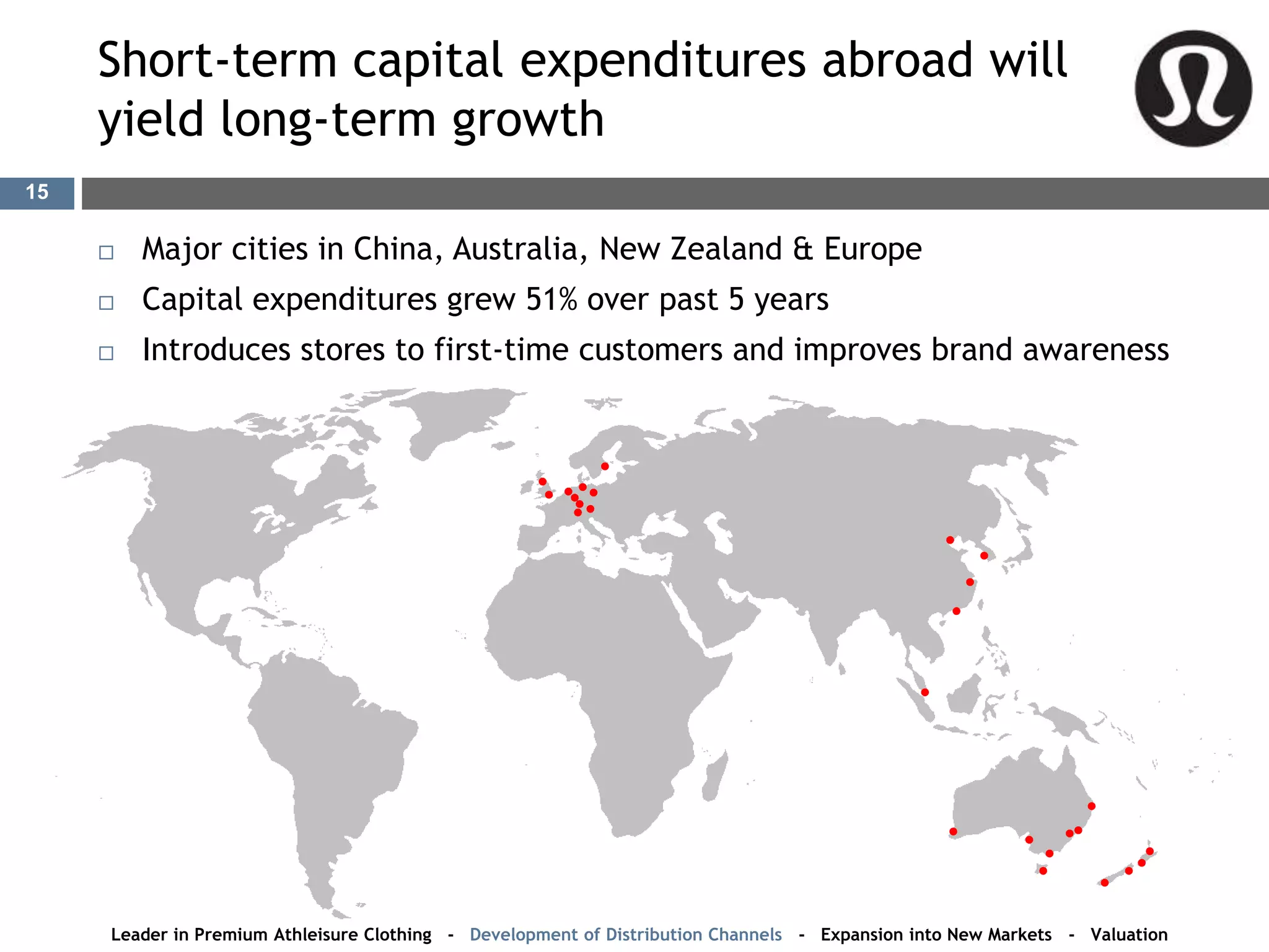 Short-term capital expenditures abroad will
yield long-term growth
 Major cities in China, Australia, New Zealand & Europe
 Capital expenditures grew 51% over past 5 years
 Introduces stores to first-time customers and improves brand awareness
Leader in Premium Athleisure Clothing - Development of Distribution Channels - Expansion into New Markets - Valuation
15
 