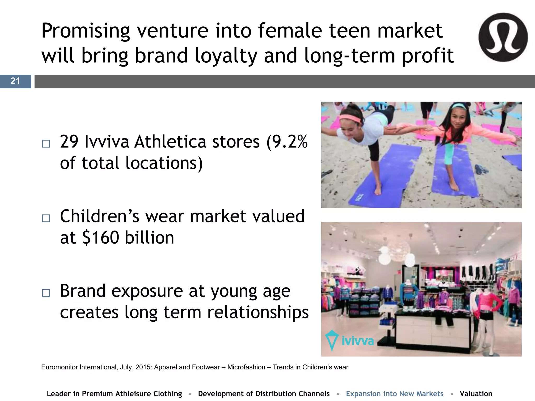 Promising venture into female teen market
will bring brand loyalty and long-term profit
 29 Ivviva Athletica stores (9.2%
of total locations)
 Children’s wear market valued
at $160 billion
 Brand exposure at young age
creates long term relationships
Leader in Premium Athleisure Clothing - Development of Distribution Channels - Expansion into New Markets - Valuation
Euromonitor International, July, 2015: Apparel and Footwear – Microfashion – Trends in Children’s wear
21
 