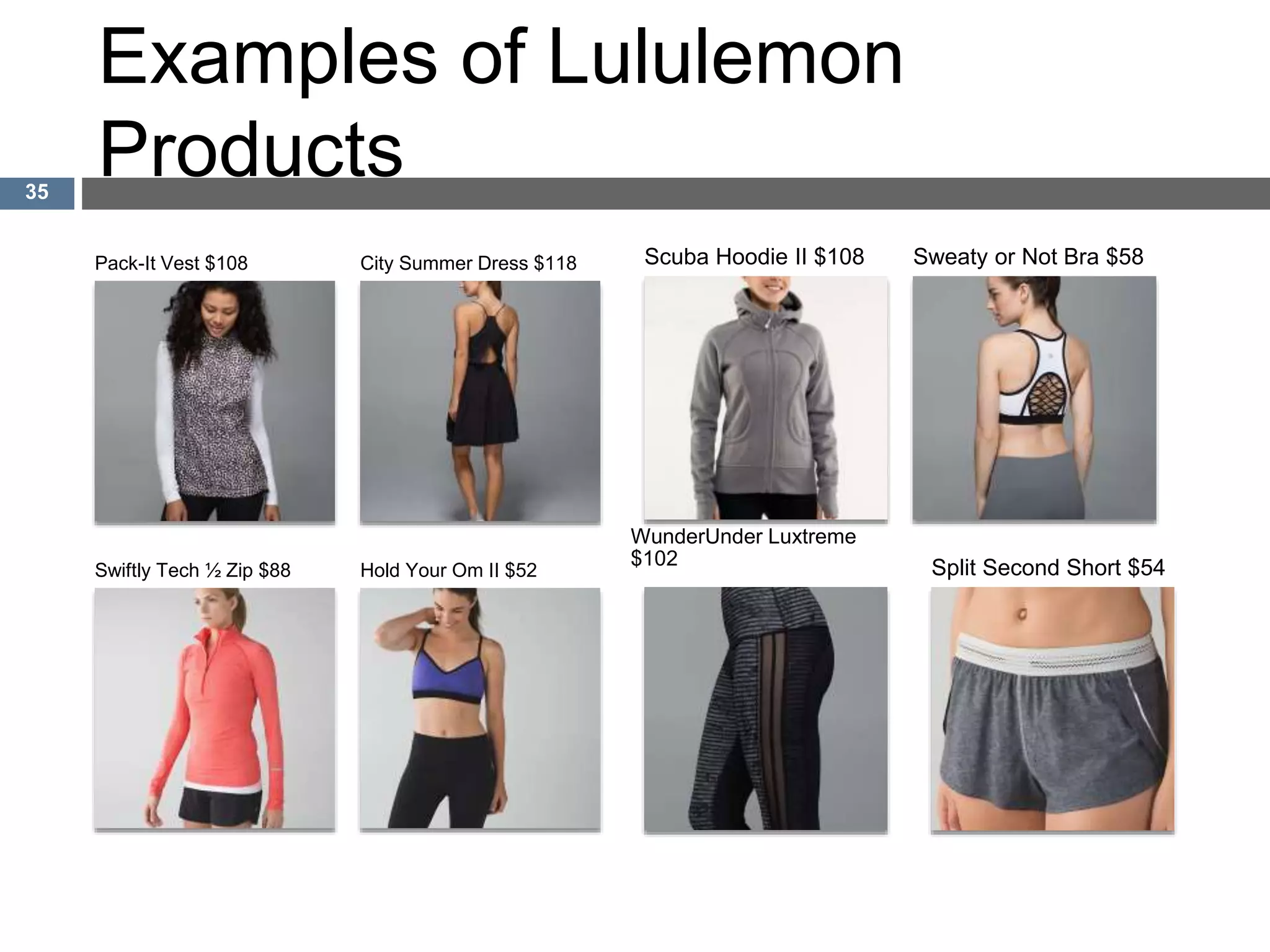 Examples of Lululemon
Products35
Pack-It Vest $108 City Summer Dress $118
Swiftly Tech ½ Zip $88 Hold Your Om II $52
Scuba Hoodie II $108 Sweaty or Not Bra $58
WunderUnder Luxtreme
$102 Split Second Short $54
 