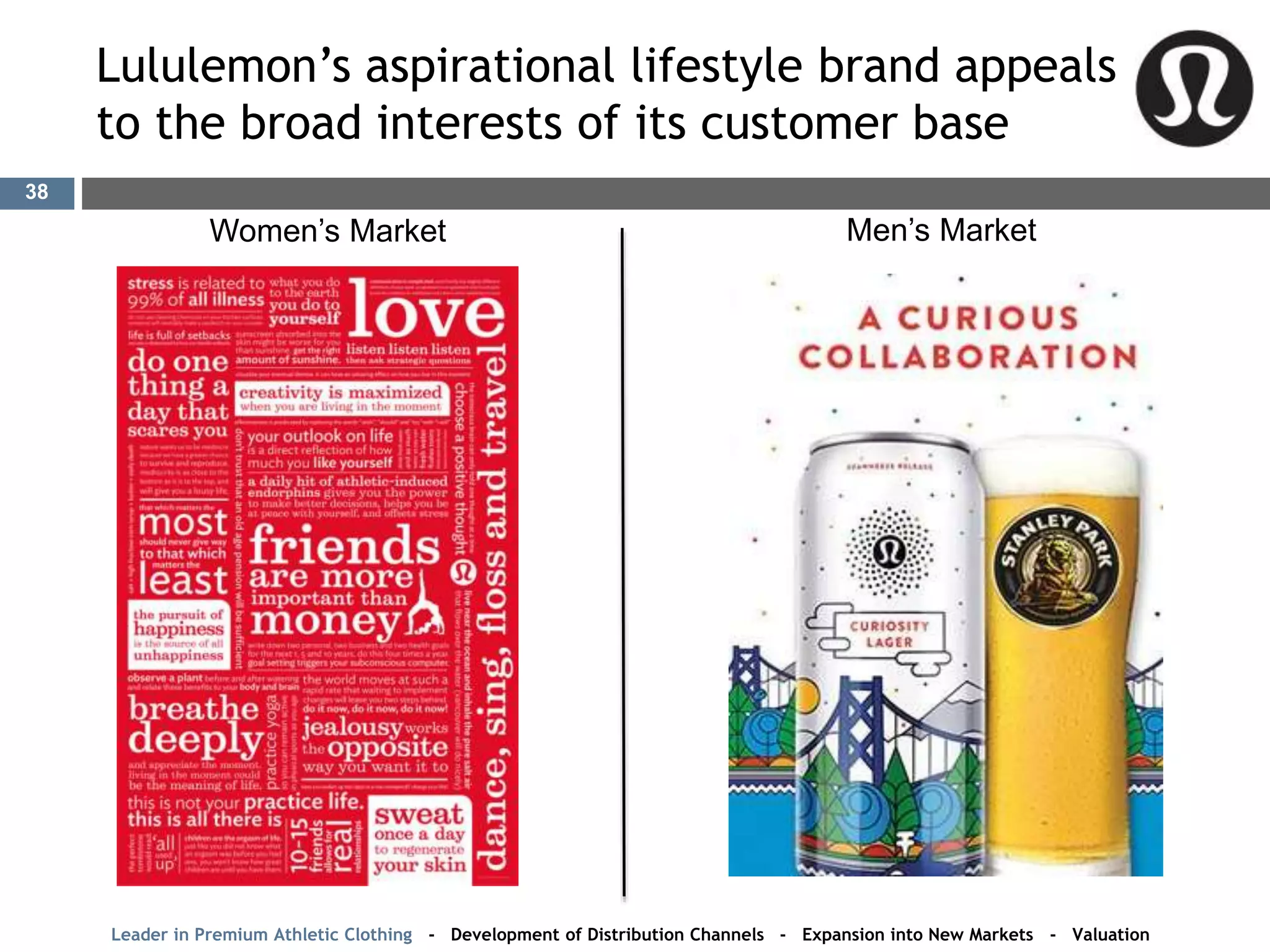 Lululemon’s aspirational lifestyle brand appeals
to the broad interests of its customer base
Men’s MarketWomen’s Market
Leader in Premium Athletic Clothing - Development of Distribution Channels - Expansion into New Markets - Valuation
38
 