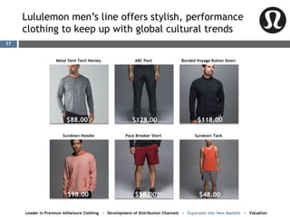 Lululemon men’s line offers stylish, performance
clothing to keep up with global cultural trends
Leader in Premium Athleisure Clothing - Development of Distribution Channels - Expansion into New Markets - Valuation
Metal Vent Tech Henley ABC Pant Bonded Voyage Button Down
Sundown Hoodie Pace Breaker Short Sundown Tank
17
$88.00
$58.00
$118.00
$98.00 $48.00
$128.00
 