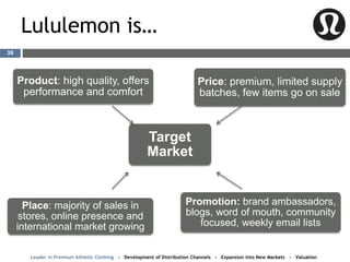 Lululemon is…
Product: high quality, offers
performance and comfort
Price: premium, limited supply
batches, few items go on sale
Place: majority of sales in
stores, online presence and
international market growing
Promotion: brand ambassadors,
blogs, word of mouth, community
focused, weekly email lists
Target
Market
Leader in Premium Athletic Clothing - Development of Distribution Channels - Expansion into New Markets - Valuation
39
 