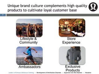 Unique brand culture complements high quality
products to cultivate loyal customer base
Lifestyle &
Community
Store
Experience
Ambassadors Exclusive
ProductsLeader in Premium Athleisure Clothing - Development of Distribution Channels - Expansion into New Markets - Valuation
7
 