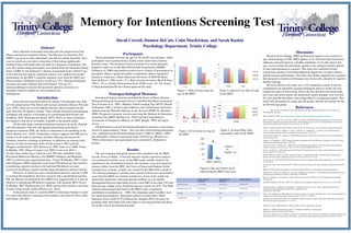 Memory for Intentions Screening Test
Abstract
Early detection of dementia may help slow the progression of the
illness and increase treatment efﬁcacy. The Memory for Intentions Test
(MIST) was given to older individuals who did not exhibit dementia. They
were re-tested one year later to determine if ﬁrst testing signiﬁcantly
predicted those individuals that converted to a diagnosis of dementia. One
year after initial testing participants were administered the Dementia Rating
Scale-2 (DRS-2) and Alzheimer’s Disease Assessment Scale (ADAS-Cog).
A forward stepwise logistic regression analysis was conducted to predict
performance on the DRS-2 using the summary score from the MIST and
other measures. Prediction success overall was 75%. Neuropsychological
measures are easily obtained and well tolerated. The use of a
neuropsychological measure that accurately predicts conversion to
dementia would be helpful for early treatment and
management
Introduction
Early detection and intervention for people with dementia may help
slow the progression of the illness and increase treatment efﬁcacy (Peterson
et al, 1999). There are several methods that have shown promise for the
early detection of cognitive decline. These include functional neuroimaging
techniques and analysis of biomarkers in cerebrospinal ﬂuid (Kadir and
Nordberg, 2010; Wierenga and Bondi, 2007). However, these techniques
are expensive and not as yet readily available to the general public.
On the other hand, neuropsychological measures are easily obtained
and well tolerated. One area that appears particularly promising is
prospective memory (PM), the ability to remember to do something in the
future (Raskin et al., 2010). Preliminary evidence suggests that PM may be
sensitive to the onset of dementia, possibly reﬂecting decreased self-
initiation, attention switching of attention, or inhibition on memory tasks
because of early involvement of the frontal system in MCI and AD
(Huppert and Beardsall, 1993; Kazui et al, 2005; Jones et al, 2006; Troyer
& Murphy, 2007; Blanco-Campal et al, 2009; Costa et al, 2010 ).
To date, these studies have relied on a few PM tasks embedded in the
Rivermead Behavioral Memory Test (RBMT) (Huppert and Beardsall,
1993) or idiosyncratic experimental tasks (Troyer & Murphy, 2007). Jones
and colleagues (2006) found that event-based PM deﬁcits are also sensitive
to predicting cognitive decline to AD and that PM deﬁcits are more
accurate to predicting cognitive decline than retrospective memory deﬁcits.
However, no study has used a standardized objective measure of PM
to examine this hypothesis. Previous research with a standardized measure
PM, the Memory for Intentions Test (MIST) has suggested that it is may be
effective in identifying PM deﬁcits in patients with amnestic MCI (Troyer
& Murphy, 2007; Karantzoulis et al, 2009) and has been related to activities
of daily living in older adults (Woods et al., 2012).
In the present study we used the MIST to determine whether it could
be a quick and effective screening tool to predict conversion to AD in older
individuals with MCI.
David Correll, Damien DeCuir, Colin MacKichan, and Sarah Raskin
Psychology Department, Trinity College
Participants
Thirty participants between the ages of 20 and 80 were included. Older
participants were recruited from a nearby senior center and a memory
disorders clinic. The exclusion criteria consisted of a current dementia
diagnosis (ruled out by the Mini Mental State Examination (MMSE,
Folstein et al, 2000) and medical record review), history of neurological or
psychiatric illness, signiﬁcant cardiac or pulmonary illness, signiﬁcant
hearing or visual loss, a Beck Depression Inventory-II (BDI-II) (Beck,
Steer & Brown, 1996) score >15, a Beck Anxiety Inventory (Beck & Steer,
1993) > 25 or a Global Deterioration Scale (GDS) score >10. The Trinity
College Institutional Review Board approved the study.
Neuropsychological Measures
Neuropsychological measures included the Tower of Hanoi (Sanzen
Neuropsychological Assessment Tests), Controlled Oral Word Association
Test (Loonstra et al., 2001), Hopkins Verbal Learning Test (HVLT; Brandt
& Benedict, 2001), and the Logical Memory and Visual Paired Associates
subtests from the Weschler Memory Scale- Revised (WMS-IV; Wechsler,
2009). Prospective memory was assessed using the Memory for Intentions
Screening Test (MIST, Raskin et al., 2010) and the Comprehensive
Assessment of Prospective Memory (CAPM; Waugh, 1999) self report
survey.
All participants received all neuropsychological measures in one testing
session of approximately 2 hours. One year after initial testing participants
were administered the Dementia Rating Scale-2 (DRS-2) (Mattis, 1988)
and Alzheimer’s Disease Assessment Scale (ADAS-Cog) (Rosen et al.,
1984) to determine if any participants have converted to Alzheimer’s
disease.
Results
The only neuropsychological measure that correlated with the MIST
was the Tower of Hanoi. A forward stepwise logistic regression analysis
was conducted to predict score on the DRS using variables found to be
signiﬁcant in the correlational analysis: the summary score of prospective
memory ability from the MIST, the Tower of Hanoi and Hopkins Verbal
Learning Test. A binary variable was created for the DRS with a cutoff of
129. Neuropsychological variables were entered in block one and summary
score from the MIST was entered in block two. A test of the model was
statistically signiﬁcant, indicating that the predictor as a set reliably
distinguished between individuals having a total DRS of less than 129 with
those having a higher score. Prediction success overall was 83%. The Wald
criterion demonstrated that Total on the MIST made a signiﬁcant
contribution to prediction (p _ .008). The remaining tested variables were
not signiﬁcant predictors. Subsequent analysis revealed that a MIST
Summary Score cutoff of 18 produced the strongest (86%) accuracy for
grouping older individuals into those likely to develop dementia and those
not on the cusp of developing dementia.
Discussion
Based on these ﬁndings, MIST performance appears to be sensitive to
age-related changes in PM. MIST appears to be related to both medication
adherence and self-report in a healthy population. It was also shown that
age, even in young-old individuals, appears to be related to modest deﬁcits
in time-based prospective memory. The study also reafﬁrmed former
conclusions reached. It provided additional support for executive deﬁcits
underlying poor performance. The study also further supported the assertion
that prospective memory performance may be an early indicator of cognitive
decline with age.
However effective the study was, a few limitations existed. It did not
comprehensively determine neuropsychological status to ensure all were
cognitively intact at ﬁrst testing. Due to the fact that all event-based tasks
have cues and items related, the attentional control demands were lowered.
It is also possible that there exist ceiling effects in young participants. This
study only accounted for young and old groups, and did not account for the
in-between age group.
References
Beck AT, Steer RA and Brown GK (1996) Manual for the Beck Depression Inventory-II. San Antonio, TX:
Psychological Corporation
 
Beck AT, Steer RA (1993). Beck Anxiety Inventory Manual. San Antonio: Harcourt Brace and Company.
Blanco-Campal, A., Coen, R.F., Lawlor, B.A., Walsh, J.B., Burke, T.E. (2009) Detection of prospective memory deﬁcits in
mild cognitive impairment of suspected Alzheimer’s disease etiology using a novel event based prospective memory task.
Journal of the International Neuropsychological Society. 15, 154-159
Brandt, J., Benedict, R.H.B. (2001) Hopkins Verbal Learning Test-Revised. Lutz, FL: Psychological Assessment Resources.
Costa, A., Perri, R., Serra, L., Barban, F., Gatto, I., Zabberoni, S., Caltagirone, C., Carlesimo, G.A. (2010) Prospective
memory functioning in mild cognitive impairment. Neuropsychology. 24, 327-335
Folstein, M.F., Folstein, S.E., Fanjiang, G. (2000) Mini-Mental State Examination: Clincal Guide. Lutz, FL: Psychological
Assessment Resources
Huppert, F.A., Beardsall, L. (1993) Prospective Memory Impairment as an Early Indicator of Dementia. Journal of Clinical
and Experimental Neuropsychology. 15, 805-821.
Jones, S., Livner, Å., & Bäckman, L. (2006). Patterns of prospective and retrospective memory impairment in preclinical
Alzheimer's disease. Neuropsychology, 20(2), 144-152. doi:10.1037/0894-4105.20.2.144
Kadir, A., Nordberg, A. (2010) Target-speciﬁc PET Probes for Neurodegenerative disorders related to Dementia. Journal of
Nuclear Medicine. 51, 1418-1430.
Kazui H, Matsuda A, Hirono N, Mori E, Miyoshi N, Ogino A, Tokunagaet H. (2005). Everyday memory impairment of
patients with mild cognitive impairment. Dement Geriatr Cogn Disord., 8:331–337.
Karantzoulis S, Troyer AK, Rich JB. (2009). Prospective memory in amnestic mild cognitive impairment. J Int Neuropsychol
Soc.,8:407–415.
Loonstra AS, Tarlow AR, Sellers AH (2001). COWAT metanorms across age, education, and gender. Appl Neuropsychol 8 (3):
161–6.
Mattis S. (1988). Dementia Rating Scale-2: Professional Manual. Odessa, FL: Psychological Assessment Resources.
Petersen, R.C., Smith, G.E., Waring, S.C., Ivnik, R.J., Tangalos, E.G., Kokmen, E. (1999) Mild cognitive impairment: clinical
characterization and outcome. Archives of Neurology. 56, 303-308
Raskin, S., Buckheit, C., & Sherrod, C. (2010). Memory for intentions test (MIsT). Lutz, FL: Psychological Assessment
Resources, Inc.
Rosen WG, Mohs RC, Davis KL. (1984). A new rating scale for Alzheimer’s disease. Am J Psychiatry, 141:1356–1364.
Sarazin, M., Berr, C., De Rotrou, J., Fabrigoule, C., Pasquier, F.,Legrain, S., et al. (2007). Amnestic syndrome of the
medialtemporal type identiﬁes prodromal AD: a longitudinal study.
Neurology, 69, 1859–1867.
Troyer, A.K., Murphy, K.J. (2007) Memory for intentions in amnestic cognitive impairment: time- and event-based prospective
memory. Journal of the International Neuropsychological Society. 13, 365-369
Wierenga, C.E., Bondi, M.W. (2007) Use of functional magnetic resonance imaging in the early identiﬁcation of Alzheimer’s
Disease. Neuropsychological Review. 17, 127-143
Waugh, N. (1999) Unpublished Honors Thesis, Grifﬁth University, Queensland, Australia.
 
Wechsler, D. (2009). Wechsler Memory Scale—Fourth Edition (WMS–IV) technical and
interpretive manual. San Antonio, TX: Pearson.
Woods, S.P., Weinbom, M., Velnoweth, A., Rooney, A., & Bucks, R. (2012). Memory for intentions is uniquely associated with
instrumental activities of daily living in older adults.  Journal of the International Neuropsychological Society, 18, 134-8.
Figure 1. Effect of time delay by
age on the MIST.
Figure 2. Effect of Cue Type by Age
on the MIST
Figure 3. Error Scores by Age on
the MIST
Figure 4. 24-hour Delay Task
(naturalistic task) on the MIST
Figure 6. One year follow-up of
oldest group by MIST total score
 