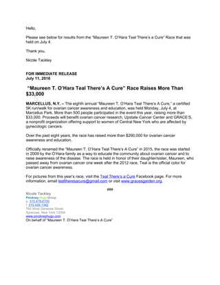Hello,
Please see below for results from the “Maureen T. O’Hara Teal There’s a Cure” Race that was
held on July 4.
Thank you,
Nicole Tackley
FOR IMMEDIATE RELEASE
July 11, 2016
“Maureen T. O’Hara Teal There’s A Cure” Race Raises More Than
$33,000
MARCELLUS, N.Y. – The eighth annual “Maureen T. O’Hara Teal There’s A Cure,” a certified
5K run/walk for ovarian cancer awareness and education, was held Monday, July 4, at
Marcellus Park. More than 500 people participated in the event this year, raising more than
$33,000. Proceeds will benefit ovarian cancer research, Upstate Cancer Center and GRACE’S,
a nonprofit organization offering support to women of Central New York who are affected by
gynecologic cancers.
Over the past eight years, the race has raised more than $290,000 for ovarian cancer
awareness and education.
Officially renamed the “Maureen T. O’Hara Teal There’s A Cure” in 2015, the race was started
in 2009 by the O’Hara family as a way to educate the community about ovarian cancer and to
raise awareness of the disease. The race is held in honor of their daughter/sister, Maureen, who
passed away from ovarian cancer one week after the 2012 race. Teal is the official color for
ovarian cancer awareness.
For pictures from this year’s race, visit the Teal There’s a Cure Facebook page. For more
information, email tealtheresacure@gmail.com or visit www.gracesgarden.org.
###
Nicole Tackley
Pinckney Hugo Group
p. 315.478.6700
f. 315.426.1392
760 West Genesee Street
Syracuse, New York 13204
www.pinckneyhugo.com
On behalf of “Maureen T. O’Hara Teal There’s A Cure”
 