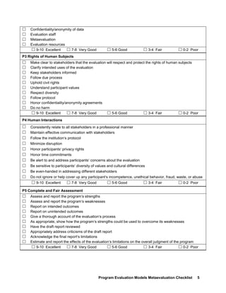 Program Evaluation Models Metaevaluation Checklist 5
! Confidentiality/anonymity of data
! Evaluation staff
! Metaevaluation
! Evaluation resources
! 9-10 Excellent ! 7-8 Very Good ! 5-6 Good ! 3-4 Fair ! 0-2 Poor
P3 Rights of Human Subjects
! Make clear to stakeholders that the evaluation will respect and protect the rights of human subjects
! Clarify intended uses of the evaluation
! Keep stakeholders informed
! Follow due process
! Uphold civil rights
! Understand participant values
! Respect diversity
! Follow protocol
! Honor confidentiality/anonymity agreements
! Do no harm
! 9-10 Excellent ! 7-8 Very Good ! 5-6 Good ! 3-4 Fair ! 0-2 Poor
P4 Human Interactions
! Consistently relate to all stakeholders in a professional manner
! Maintain effective communication with stakeholders
! Follow the institution=s protocol
! Minimize disruption
! Honor participants= privacy rights
! Honor time commitments
! Be alert to and address participants= concerns about the evaluation
! Be sensitive to participants= diversity of values and cultural differences
! Be even-handed in addressing different stakeholders
! Do not ignore or help cover up any participant=s incompetence, unethical behavior, fraud, waste, or abuse
! 9-10 Excellent ! 7-8 Very Good ! 5-6 Good ! 3-4 Fair ! 0-2 Poor
P5 Complete and Fair Assessment
! Assess and report the program=s strengths
! Assess and report the program=s weaknesses
! Report on intended outcomes
! Report on unintended outcomes
! Give a thorough account of the evaluation=s process
! As appropriate, show how the program=s strengths could be used to overcome its weaknesses
! Have the draft report reviewed
! Appropriately address criticisms of the draft report
! Acknowledge the final report=s limitations
! Estimate and report the effects of the evaluation=s limitations on the overall judgment of the program
! 9-10 Excellent ! 7-8 Very Good ! 5-6 Good ! 3-4 Fair ! 0-2 Poor
 
