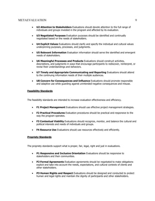 METAEVALUATION 9
 U2 Attention to Stakeholders Evaluations should devote attention to the full range of
individuals and groups invested in the program and affected by its evaluation.
 U3 Negotiated Purposes Evaluation purposes should be identified and continually
negotiated based on the needs of stakeholders.
 U4 Explicit Values Evaluations should clarify and specify the individual and cultural values
underpinning purposes, processes, and judgments.
 U5 Relevant Information Evaluation information should serve the identified and emergent
needs of stakeholders.
 U6 Meaningful Processes and Products Evaluations should construct activities,
descriptions, and judgments in ways that encourage participants to rediscover, reinterpret, or
revise their understandings and behaviors.
 U7 Timely and Appropriate Communicating and Reporting Evaluations should attend
to the continuing information needs of their multiple audiences.
 U8 Concern for Consequences and Influence Evaluations should promote responsible
and adaptive use while guarding against unintended negative consequences and misuse.
Feasibility Standards
The feasibility standards are intended to increase evaluation effectiveness and efficiency.
 F1 Project Management Evaluations should use effective project management strategies.
 F2 Practical Procedures Evaluation procedures should be practical and responsive to the
way the program operates.
 F3 Contextual Viability Evaluations should recognize, monitor, and balance the cultural and
political interests and needs of individuals and groups.
 F4 Resource Use Evaluations should use resources effectively and efficiently.
Propriety Standards
The propriety standards support what is proper, fair, legal, right and just in evaluations.
 P1 Responsive and Inclusive Orientation Evaluations should be responsive to
stakeholders and their communities.
 P2 Formal Agreements Evaluation agreements should be negotiated to make obligations
explicit and take into account the needs, expectations, and cultural contexts of clients and
other stakeholders.
 P3 Human Rights and Respect Evaluations should be designed and conducted to protect
human and legal rights and maintain the dignity of participants and other stakeholders.
 