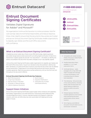 DOWNLOAD
THIS
DATA SHEET
@EntrustSSL
+entrust
/EntrustVideo
/EntrustSSL
+1-888-690-2424
entrust@entrust.com
entrust.net
šš Compatible with Adobe Acrobat,
Adobe LifecyCycle, Adobe Reader
and Microsoft Office
šš Flexible Subscription Plans-
available in 1, 2, or 3-year
subscription terms
šš Certificate Delivery – easily
managed with an iKey 5100 USB
Token (included with Individual
or Group certificates) or with
a Hardware Security Module
(sold separately)
šš Time Stamping – Entrust provides
a time-stamp authority, indicating
exactly when the document was
signed helping to determine
signature validity and author
identity
šš Multiple Signature Workflow-
multiple signatures can be verified
while maintaining document
authentication across various
locations
šš SHA-2 Signing- and 2048-bit
encryption bring the latest security
and browser compliance
Other Key Features:What is an Entrust Document Signing Certificate?
Enabled by proven public key infrastructure (PKI) technology, digital signatures
are widely recognized as a best practice for providing digital verification of electronic
transmission. Digital signatures provide "non-repudiation" — the ability to identify the
author and whether the document has been changed since it was digitally signed.
Entrust Document Signing Certificates enable organizations to digitally sign Adobe and
Microsoft Office documents. Visual trust indicators show the publisher’s identity has
been verified by a trusted Certification Authority and that the document was not altered
during transmission. Organizations can authenticate sensitive documents requiring
multiple signatures. Real-time assurance verifies authenticity not just the first‑time, but
throughout the document’s lifetime.
Entrust Document Signing Certificate Key Features:
šš Real-Time Assurance
šš Visual Trust Indicators
šš Sign by Group or Individual
šš Automatic or Manual Signing
šš Lifetime Signature Assurance
šš Quick Issuance
šš Expiration Notification
šš Verification by a trusted
Certificate Authority
Support Green Initiatives
Entrust Document Signing Certificates support green office initiatives with paperless
technology. Organizations can share sensitive or official documents electronically
including legal documents, invoices, engineering plans and diagrams, diplomas,
charters, and more, all while reducing costs associated with keeping and using
paper in‑house.
Entrust Document
Signing Certificates
Validates Digital Signatures
for Adobe®
and Microsoft®
As organizations continue the transition to online processes, look for
cost-savings, take environmental responsibility and reduce response
times—they need to ensure that the documents they access are trusted
and secure. Entrust Document Signing Certificates enable organizations
to digitally sign Adobe and Microsoft Office documents
with confidence.
 
