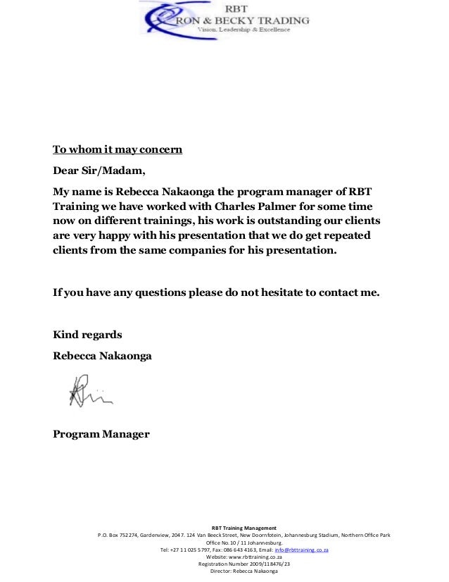 rbt training chalres palmer maintenance recommendation letter