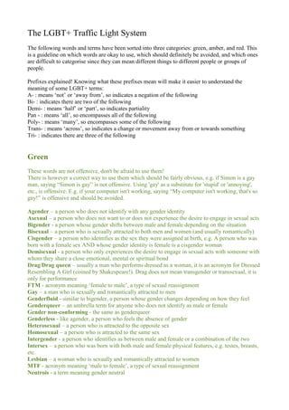 The LGBT+ Traffic Light System
The following words and terms have been sorted into three categories: green, amber, and red. This
is a guideline on which words are okay to use, which should definitely be avoided, and which ones
are difficult to categorise since they can mean different things to different people or groups of
people.
Prefixes explained! Knowing what these prefixes mean will make it easier to understand the
meaning of some LGBT+ terms:
A- : means ‘not’ or ‘away from’, so indicates a negation of the following
Bi- : indicates there are two of the following
Demi- : means ‘half’ or ‘part’, so indicates partiality
Pan - : means ‘all’, so encompasses all of the following
Poly- : means ‘many’, so encompasses some of the following
Trans- : means ‘across’, so indicates a change or movement away from or towards something
Tri- : indicates there are three of the following
Green
These words are not offensive, don't be afraid to use them!
There is however a correct way to use them which should be fairly obvious, e.g. if Simon is a gay
man, saying “Simon is gay” is not offensive. Using 'gay' as a substitute for 'stupid' or 'annoying',
etc., is offensive. E.g. if your computer isn't working, saying “My computer isn't working, that's so
gay!” is offensive and should be avoided.
Agender – a person who does not identify with any gender identity
Asexual – a person who does not want to or does not experience the desire to engage in sexual acts
Bigender - a person whose gender shifts between male and female depending on the situation
Bisexual – a person who is sexually attracted to both men and women (and usually romantically)
Cisgender – a person who identifies as the sex they were assigned at birth, e.g. A person who was
born with a female sex AND whose gender identity is female is a cisgender woman
Demisexual - a person who only experiences the desire to engage in sexual acts with someone with
whom they share a close emotional, mental or spiritual bond
Drag/Drag queen – usually a man who performs dressed as a woman, it is an acronym for Dressed
Resembling A Girl (coined by Shakespeare!). Drag does not mean transgender or transsexual, it is
only for performance
FTM - acronym meaning ‘female to male’, a type of sexual reassignment
Gay – a man who is sexually and romantically attracted to men
Genderfluid - similar to bigender, a person whose gender changes depending on how they feel
Genderqueer – an umbrella term for anyone who does not identify as male or female
Gender non-conforming - the same as genderqueer
Genderless - like agender, a person who feels the absence of gender
Heterosexual – a person who is attracted to the opposite sex
Homosexual – a person who is attracted to the same sex
Intergender - a person who identifies as between male and female or a combination of the two
Intersex – a person who was born with both male and female physical features, e.g. testes, breasts,
etc.
Lesbian – a woman who is sexually and romantically attracted to women
MTF - acronym meaning ‘male to female’, a type of sexual reassignment
Neutrois - a term meaning gender neutral
 